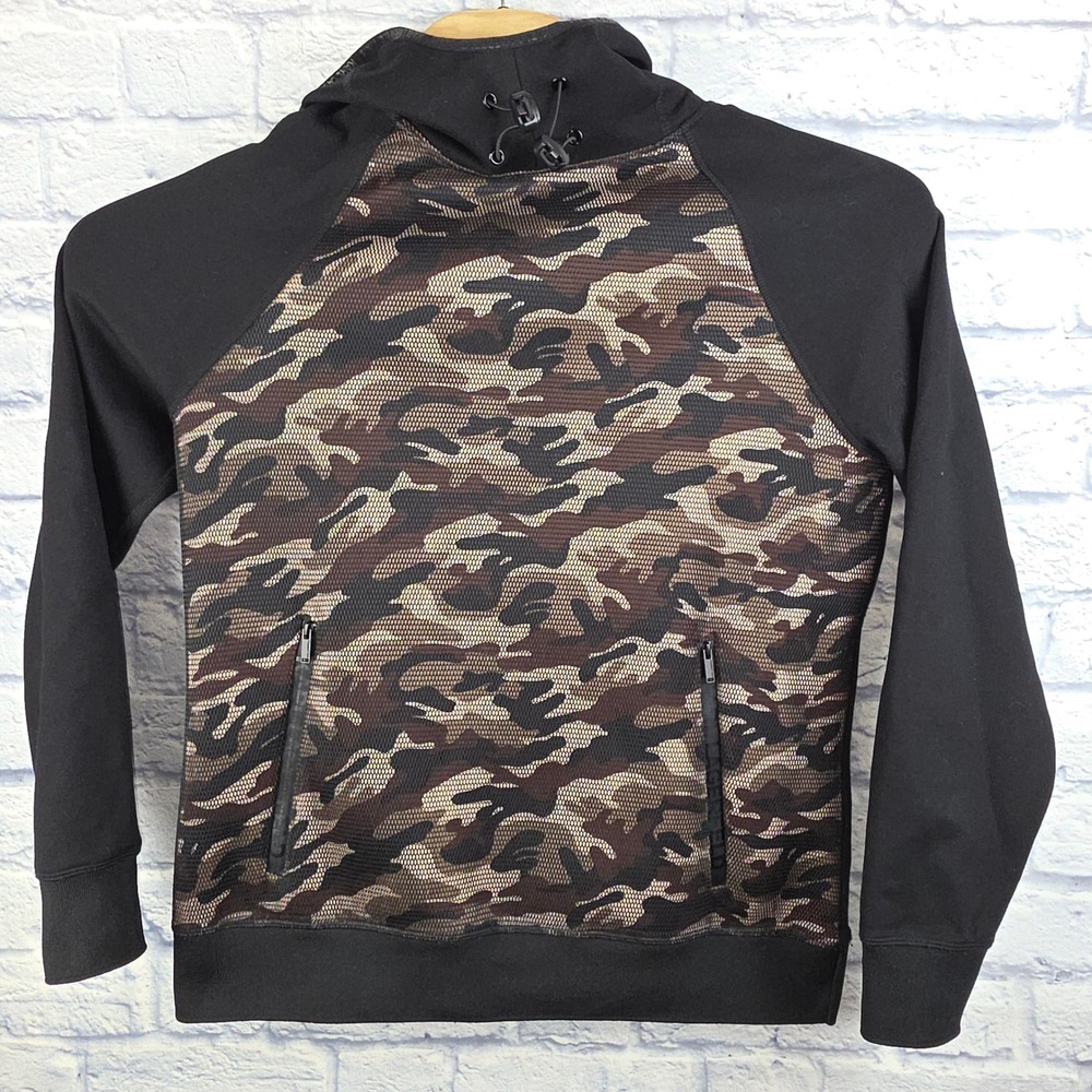 Karl Lagerfeld Paris Mens Camo Pullover Mesh Front Hoodie Black Camouflage Small